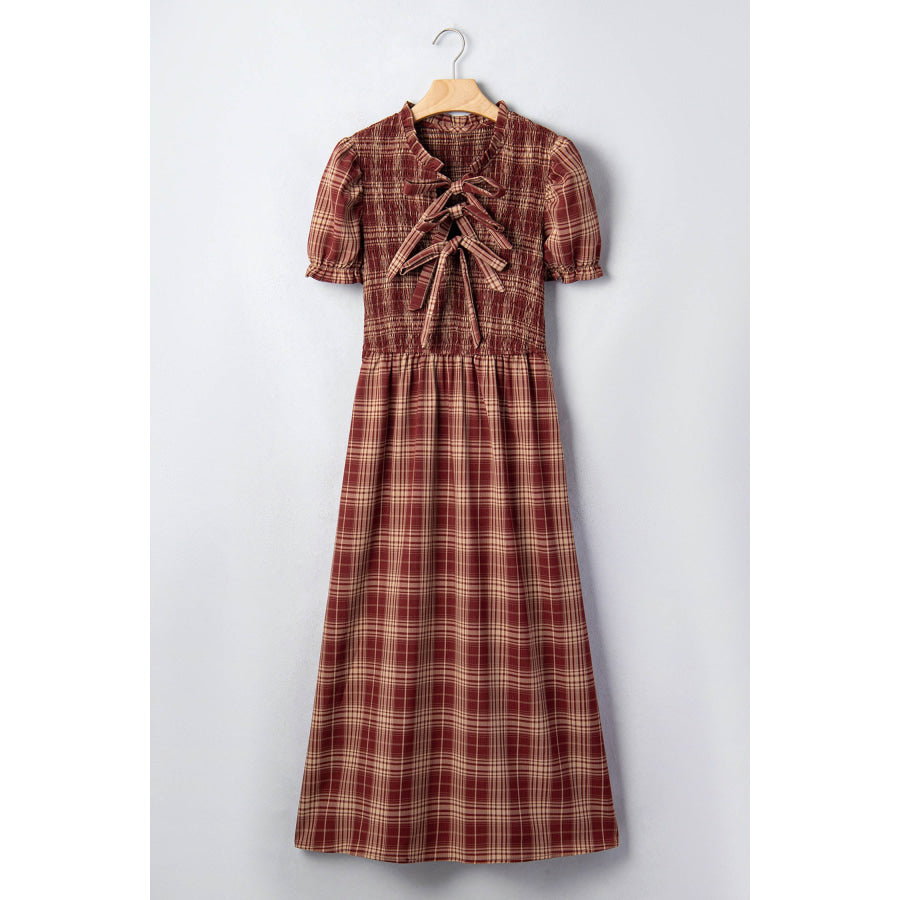 Red Vintage Plaid Knot Front Smocked High Waist Midi Dress Dresses/Midi Dresses
