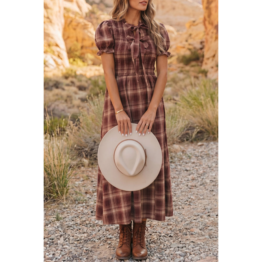 Red Vintage Plaid Knot Front Smocked High Waist Midi Dress Red / S / 100% Polyester Dresses/Midi Dresses