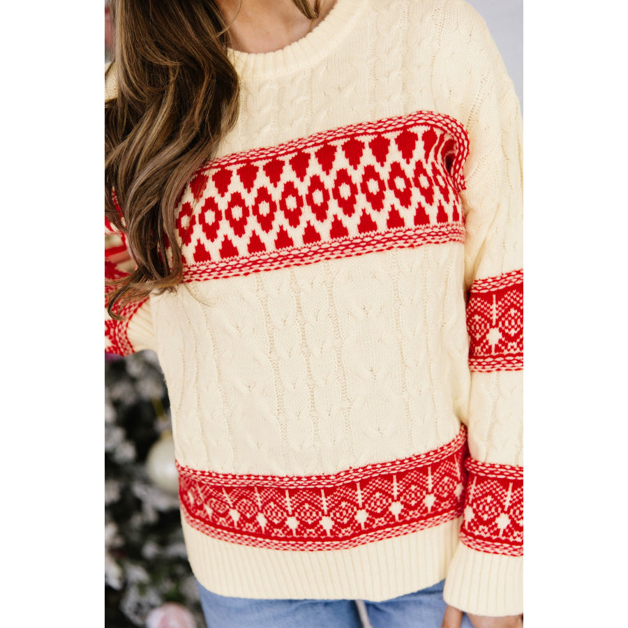 Red Western Print Round Neck Long Sleeve Shift Sweater Sweaters & Cardigans/Sweaters