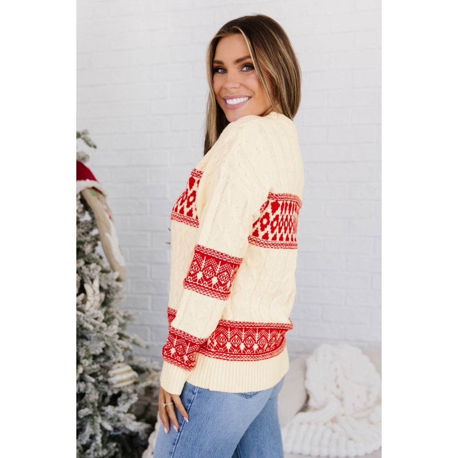 Red Western Print Round Neck Long Sleeve Shift Sweater Sweaters & Cardigans/Sweaters