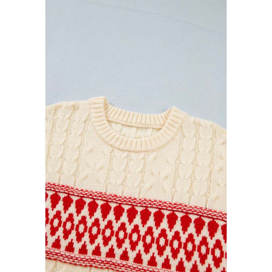 Red Western Print Round Neck Long Sleeve Shift Sweater Sweaters & Cardigans/Sweaters
