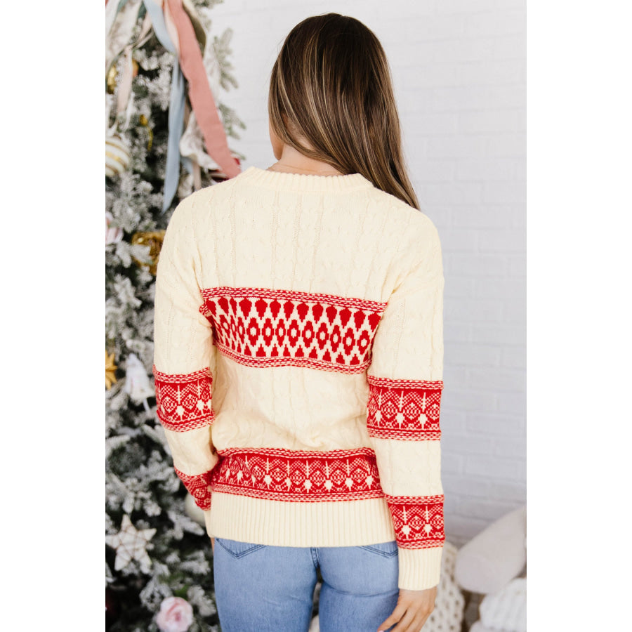 Red Western Print Round Neck Long Sleeve Shift Sweater / S Sweaters & Cardigans/Sweaters