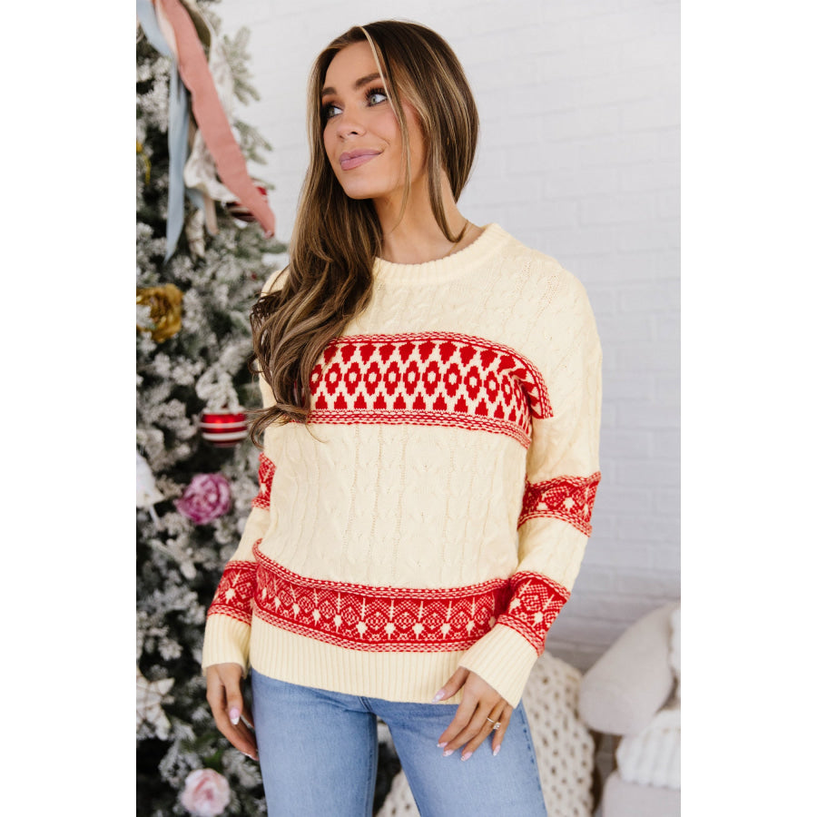 Red Western Print Round Neck Long Sleeve Shift Sweater Sweaters & Cardigans/Sweaters