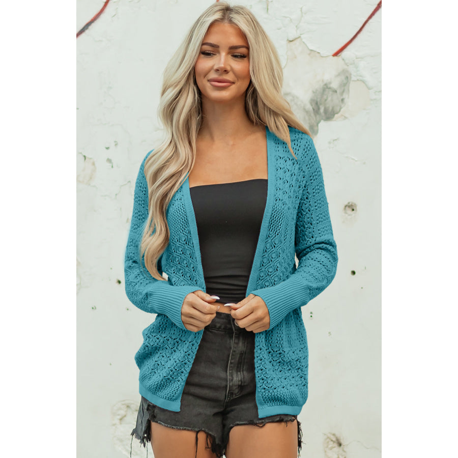 Redwood Burl Mix Pattern Hollowed Knit Open Front Cardigan Lapis / S / 55% Acrylic + 45% Cotton Sweaters & Cardigans/Cardigans