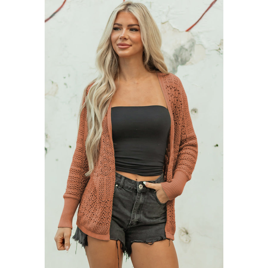 Redwood Burl Mix Pattern Hollowed Knit Open Front Cardigan Redwood Burl / S / 55% Acrylic + 45% Cotton Sweaters & Cardigans/Cardigans