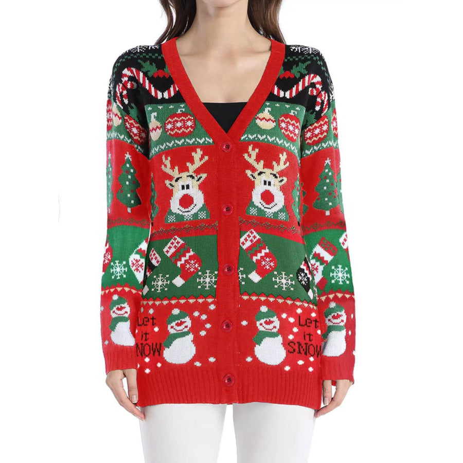 Reindeer Button Up Long Sleeve Cardigan Apparel and Accessories