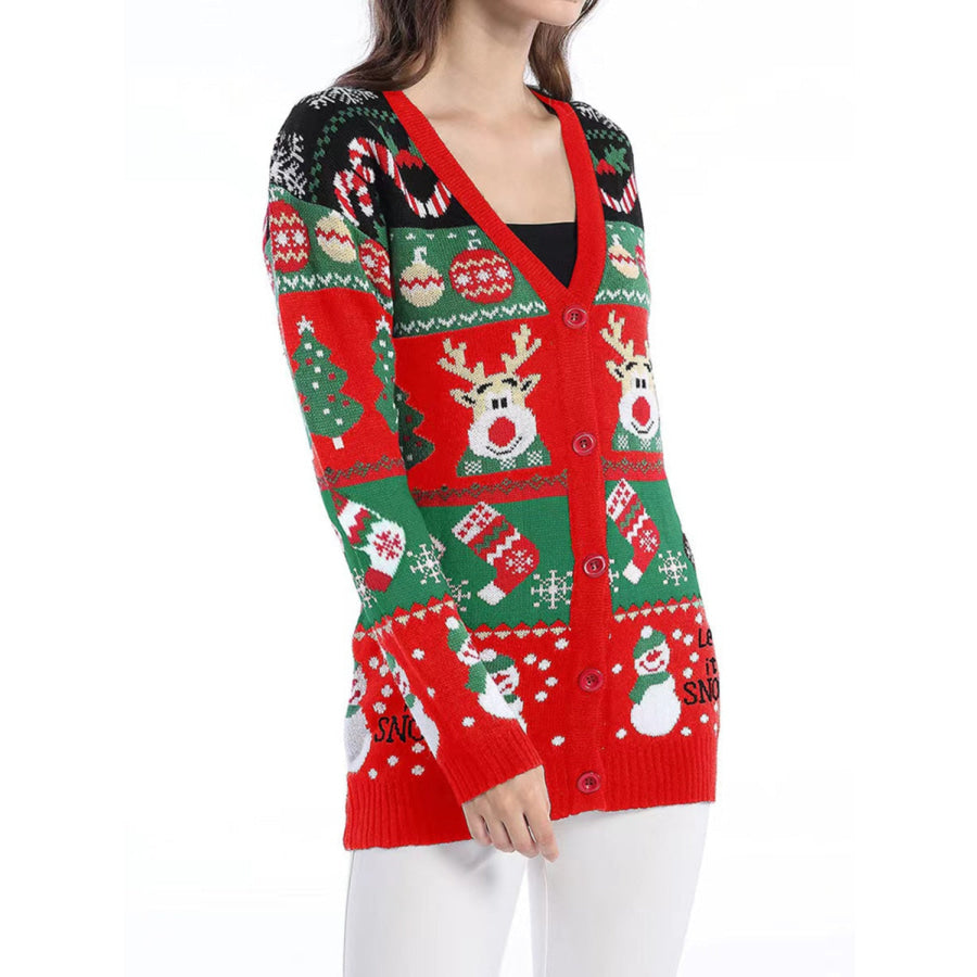 Reindeer Button Up Long Sleeve Cardigan Apparel and Accessories