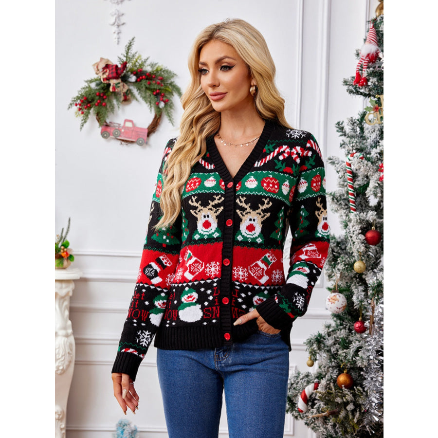 Reindeer Button Up Long Sleeve Cardigan Apparel and Accessories