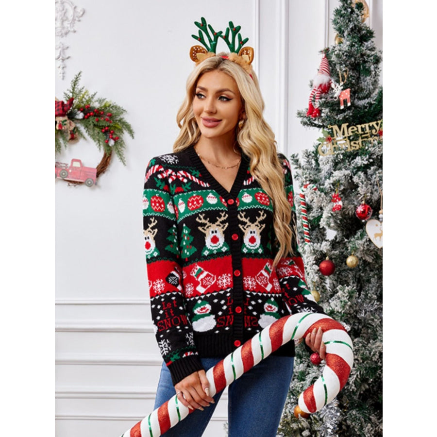 Reindeer Button Up Long Sleeve Cardigan Apparel and Accessories