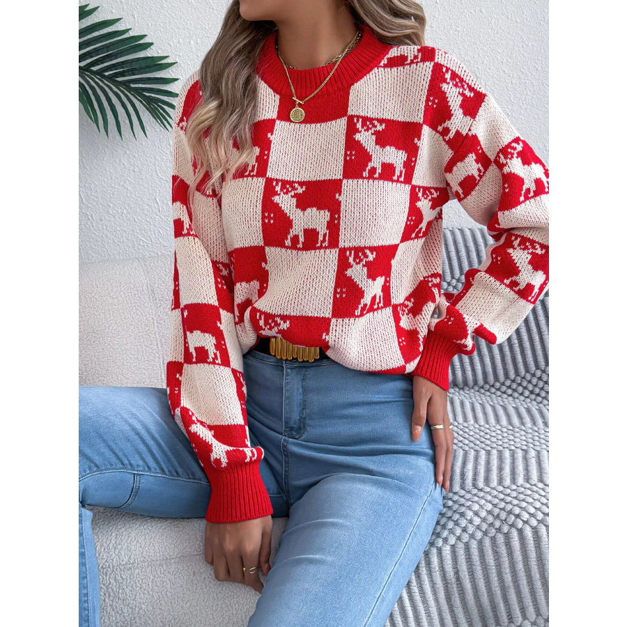 Reindeer Checkerboard Pattern Pullover Sweater Apparel and Accessories