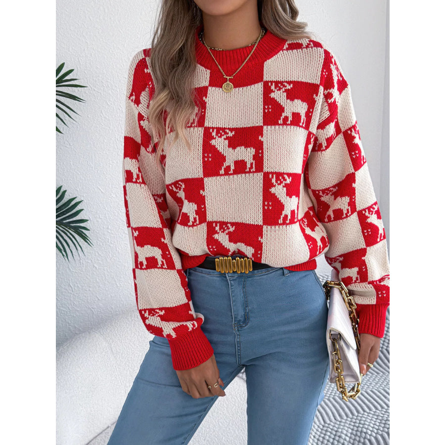 Reindeer Checkerboard Pattern Pullover Sweater Apparel and Accessories