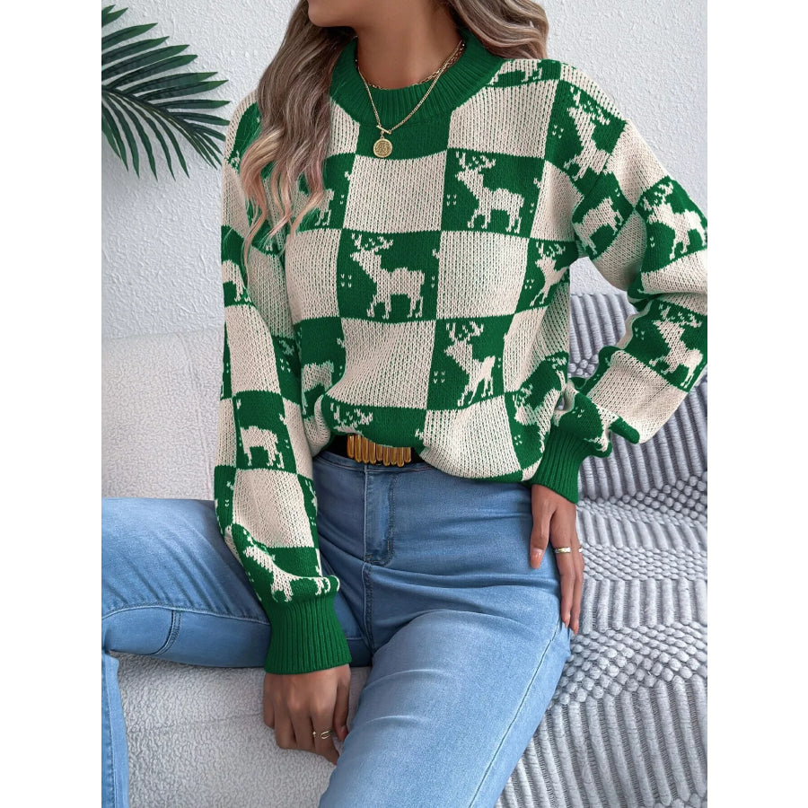 Reindeer Checkerboard Pattern Pullover Sweater Apparel and Accessories