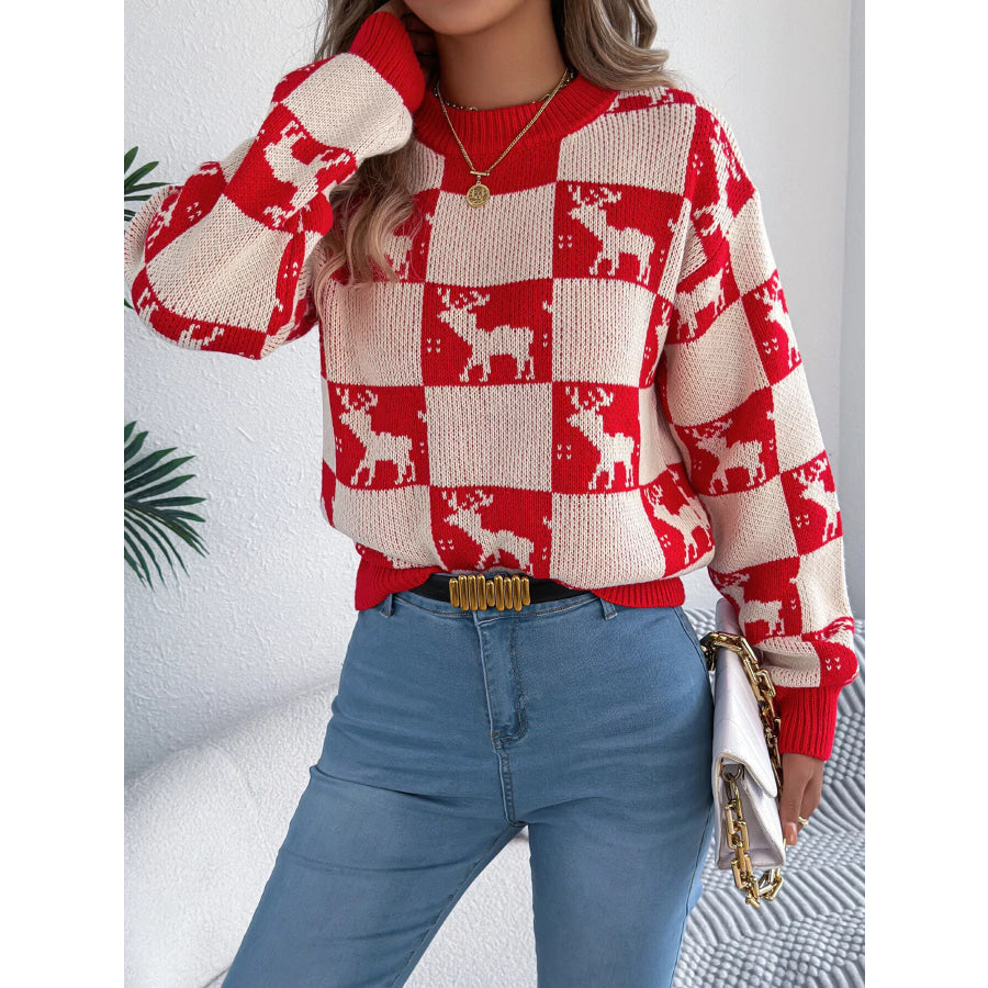 Reindeer Checkerboard Pattern Pullover Sweater Red / S Apparel and Accessories