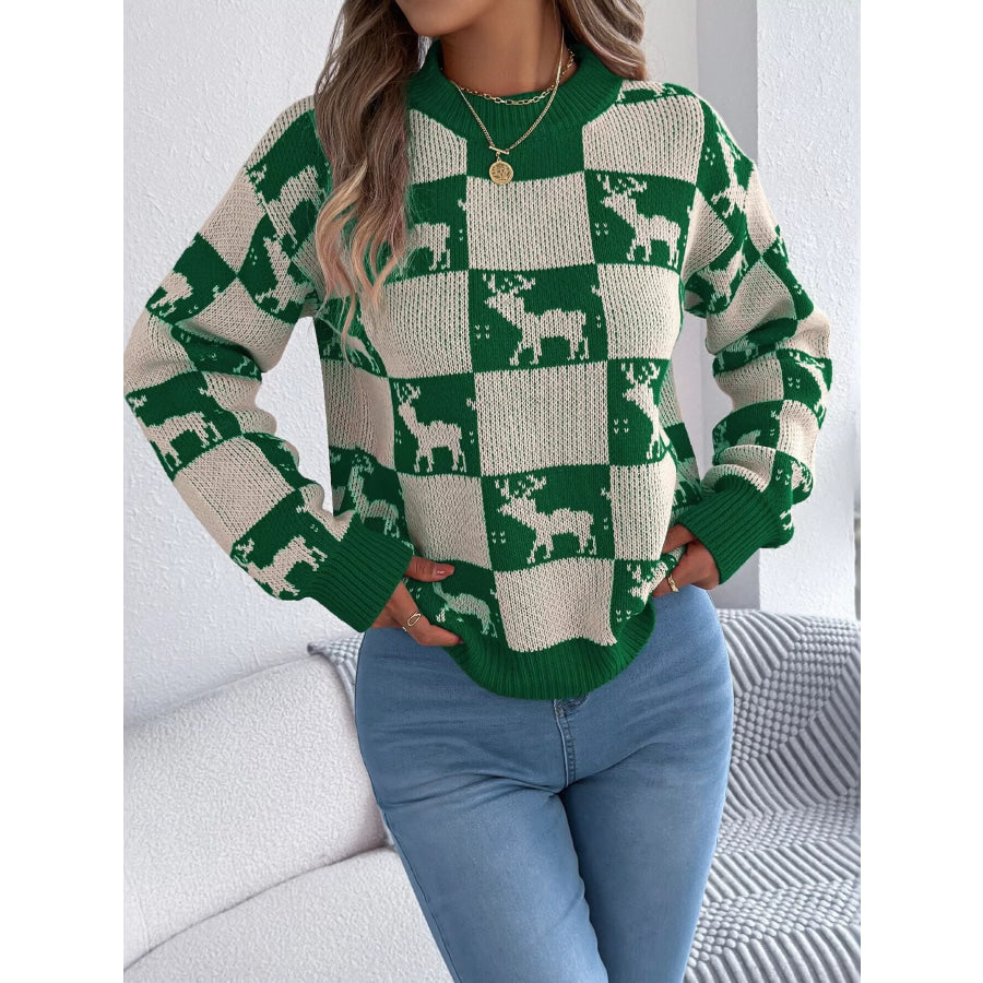 Reindeer Checkerboard Pattern Pullover Sweater Apparel and Accessories