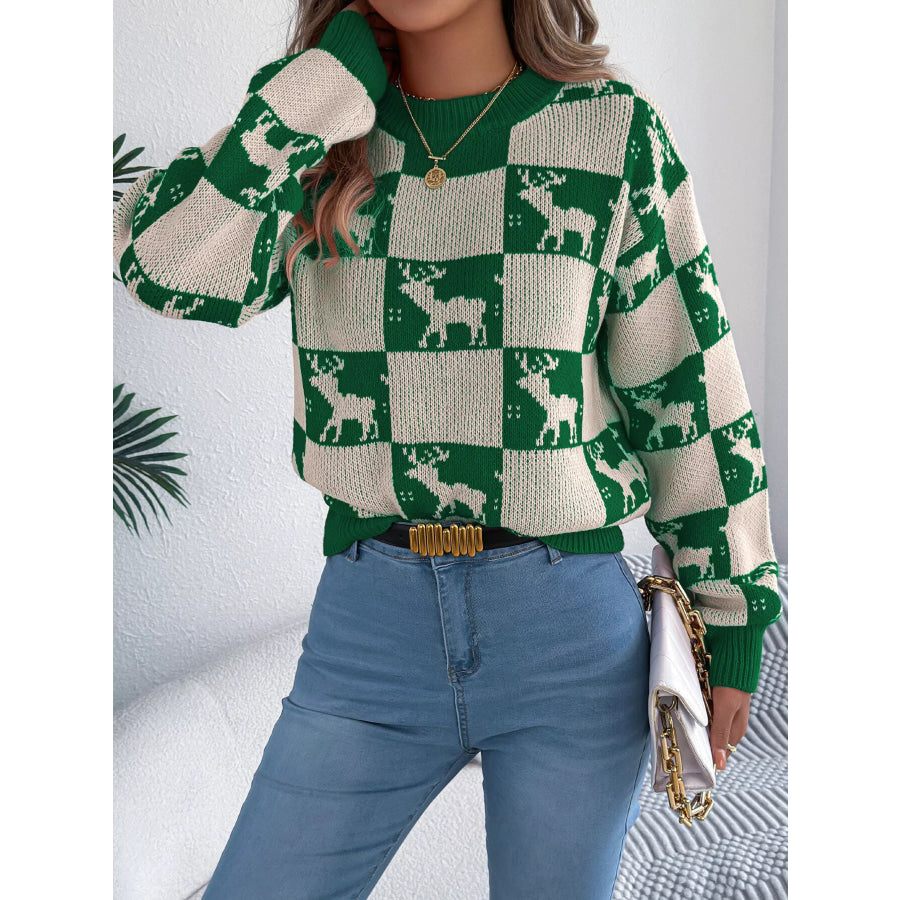 Reindeer Checkerboard Pattern Pullover Sweater Apparel and Accessories