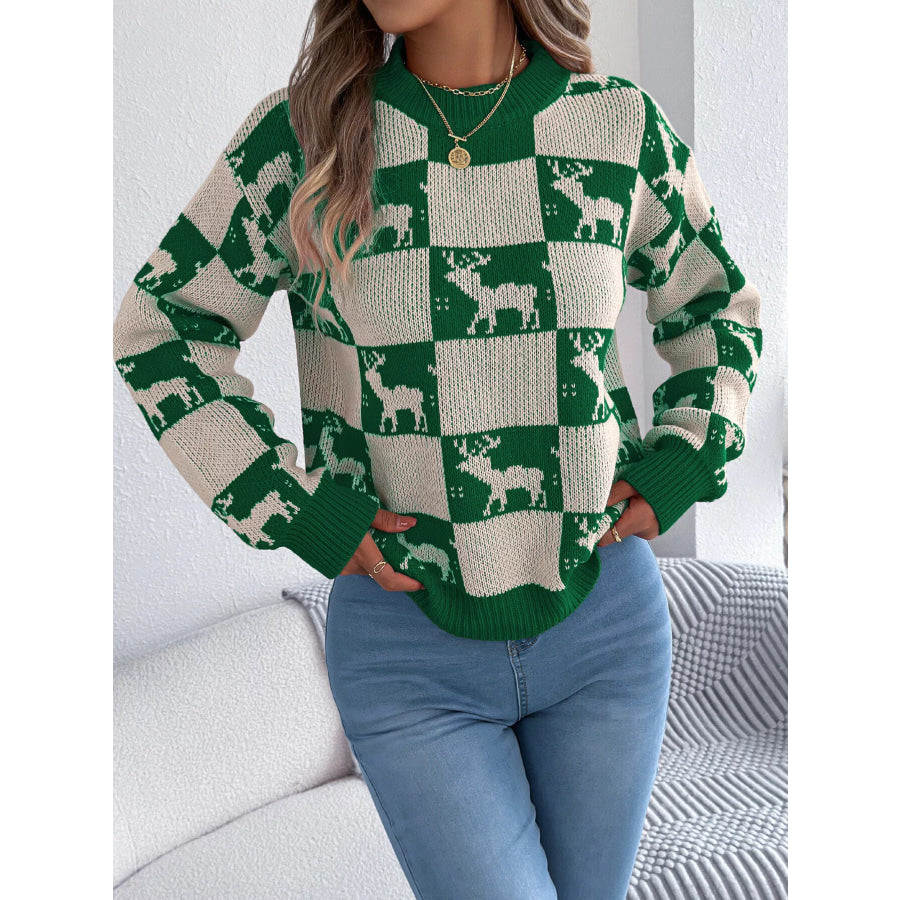 Reindeer Checkerboard Pattern Pullover Sweater Green / S Apparel and Accessories