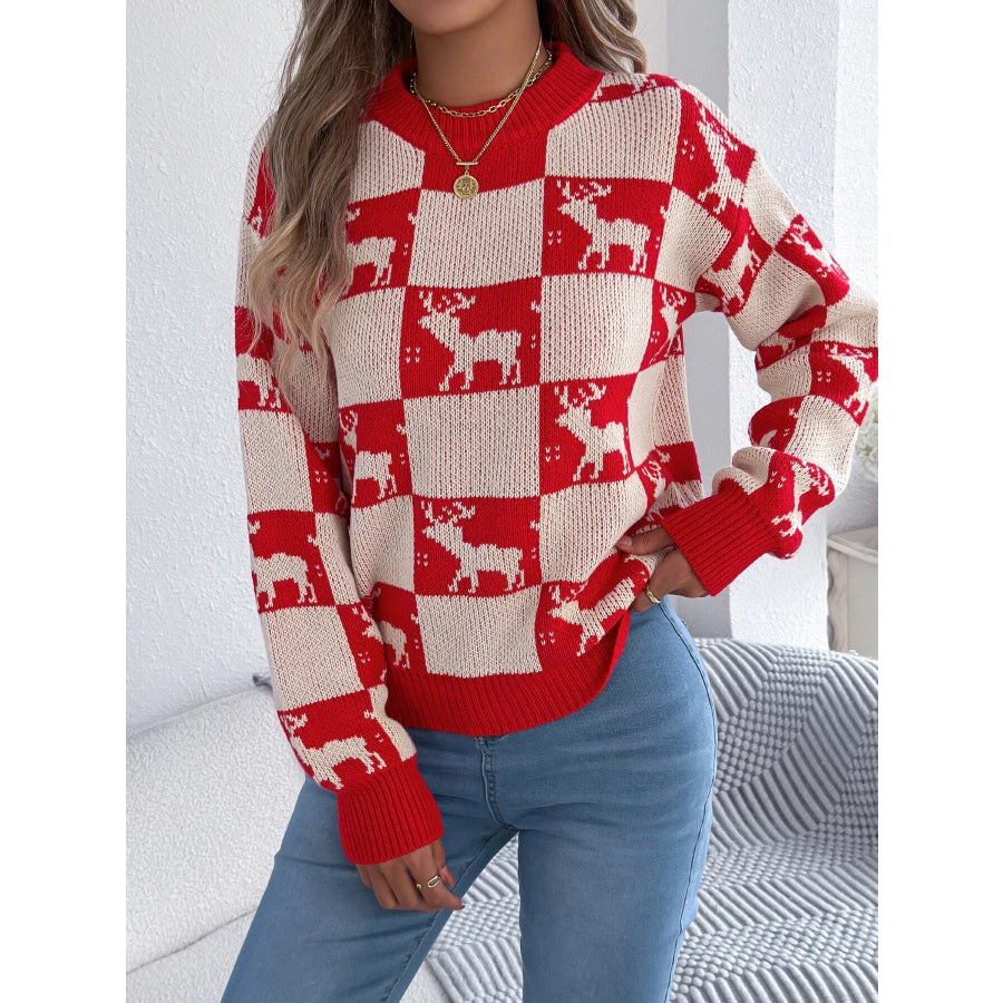 Reindeer Checkerboard Pattern Pullover Sweater Red / S Apparel and Accessories