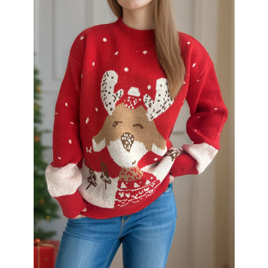 Reindeer Mock Neck Long Sleeve Sweater Deep Red / One Size Apparel and Accessories