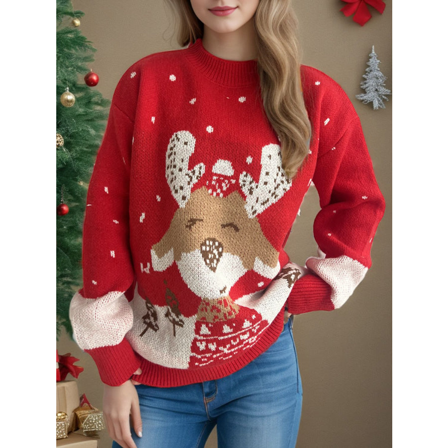 Reindeer Mock Neck Long Sleeve Sweater Deep Red / One Size Apparel and Accessories