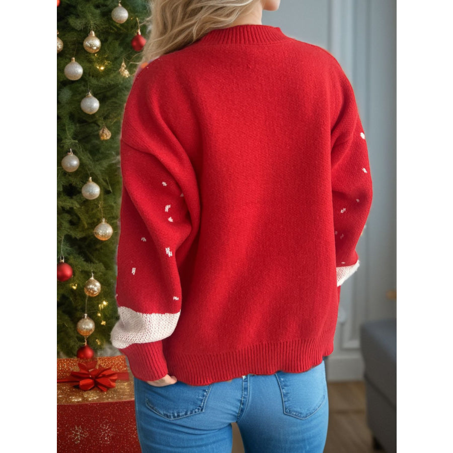 Reindeer Mock Neck Long Sleeve Sweater Deep Red / One Size Apparel and Accessories