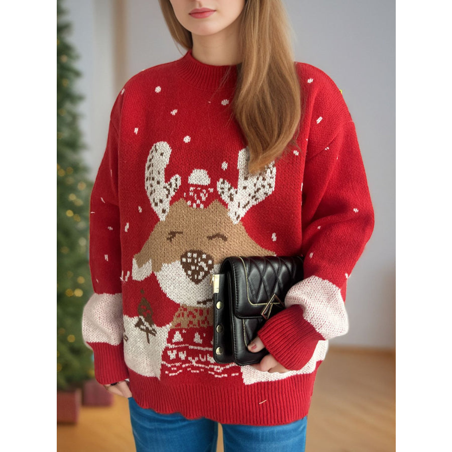 Reindeer Mock Neck Long Sleeve Sweater Deep Red / One Size Apparel and Accessories