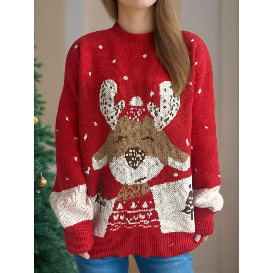 Reindeer Mock Neck Long Sleeve Sweater Deep Red / One Size Apparel and Accessories