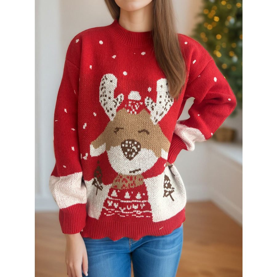 Reindeer Mock Neck Long Sleeve Sweater Deep Red / One Size Apparel and Accessories