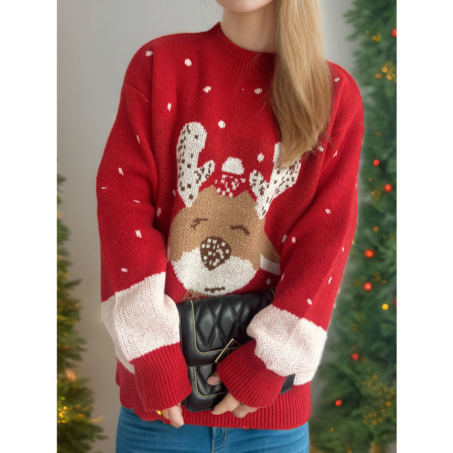 Reindeer Mock Neck Long Sleeve Sweater Deep Red / One Size Apparel and Accessories