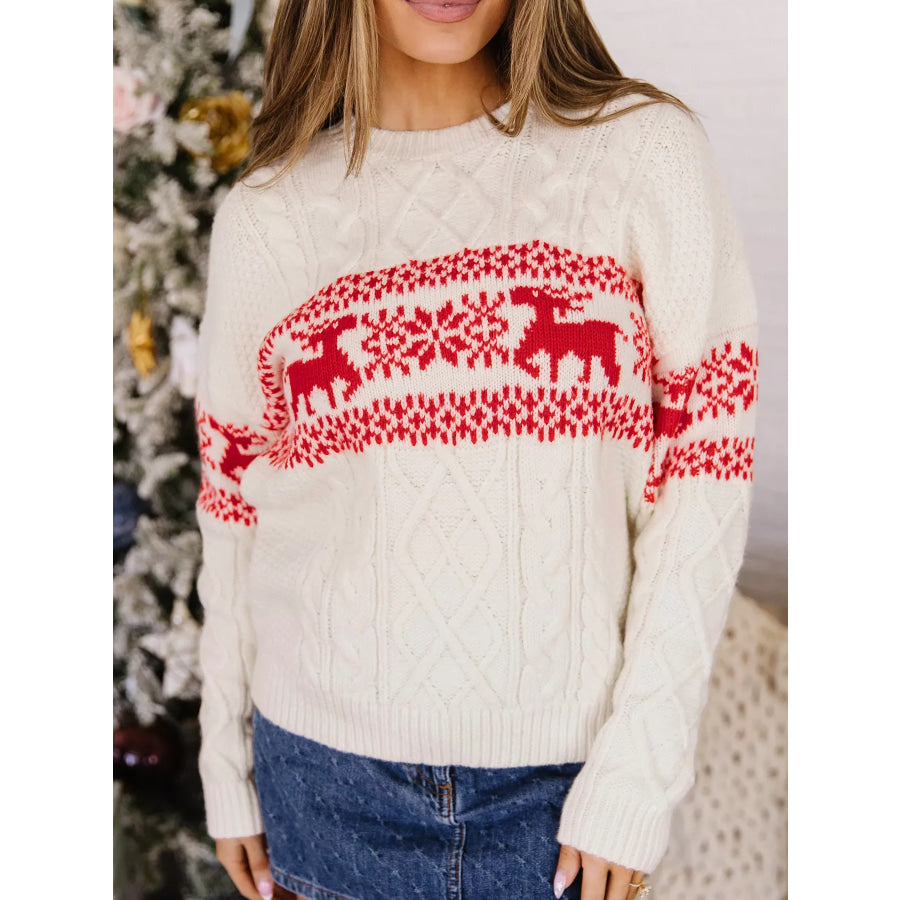 Reindeer Pattern Cable Knit Christmas Fashion Sweater Cream / S Apparel and Accessories