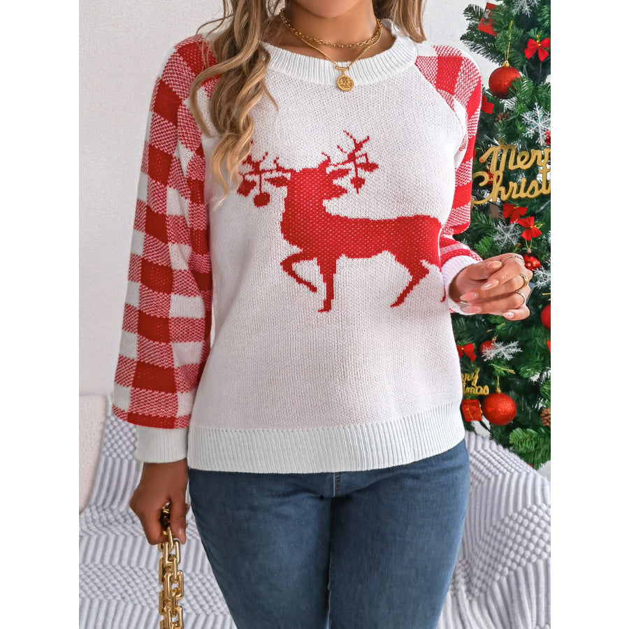 Reindeer Plaid Round Neck Long Sleeve Sweater Apparel and Accessories