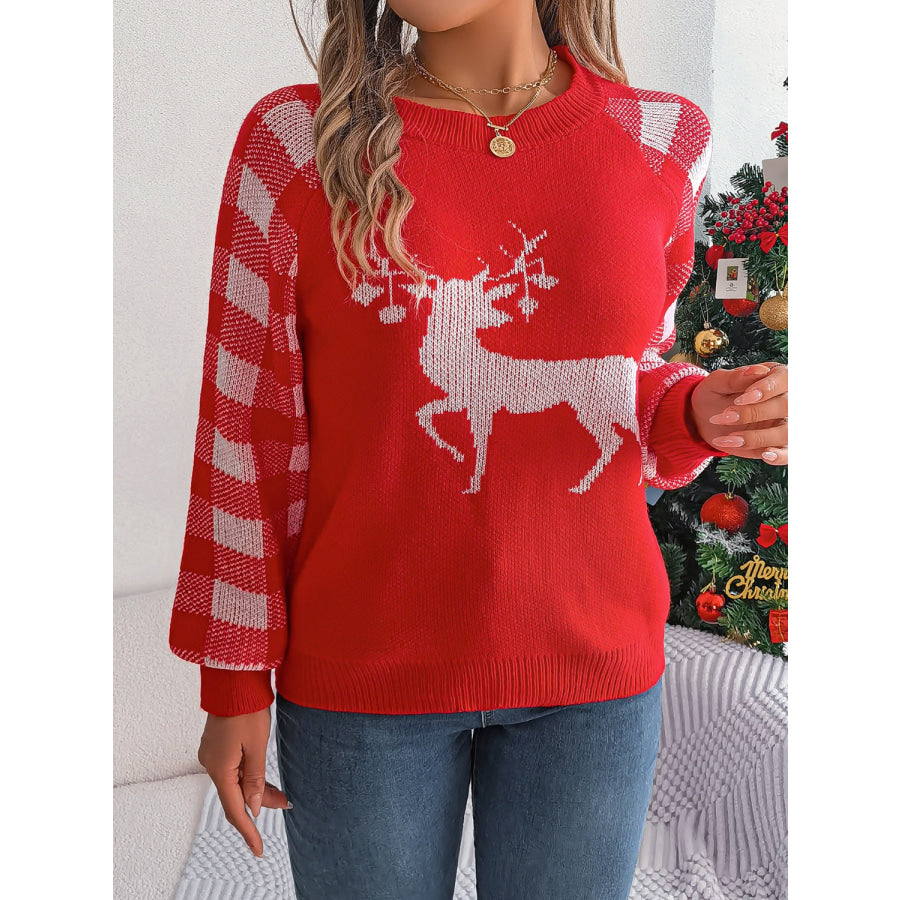 Reindeer Plaid Round Neck Long Sleeve Sweater Apparel and Accessories