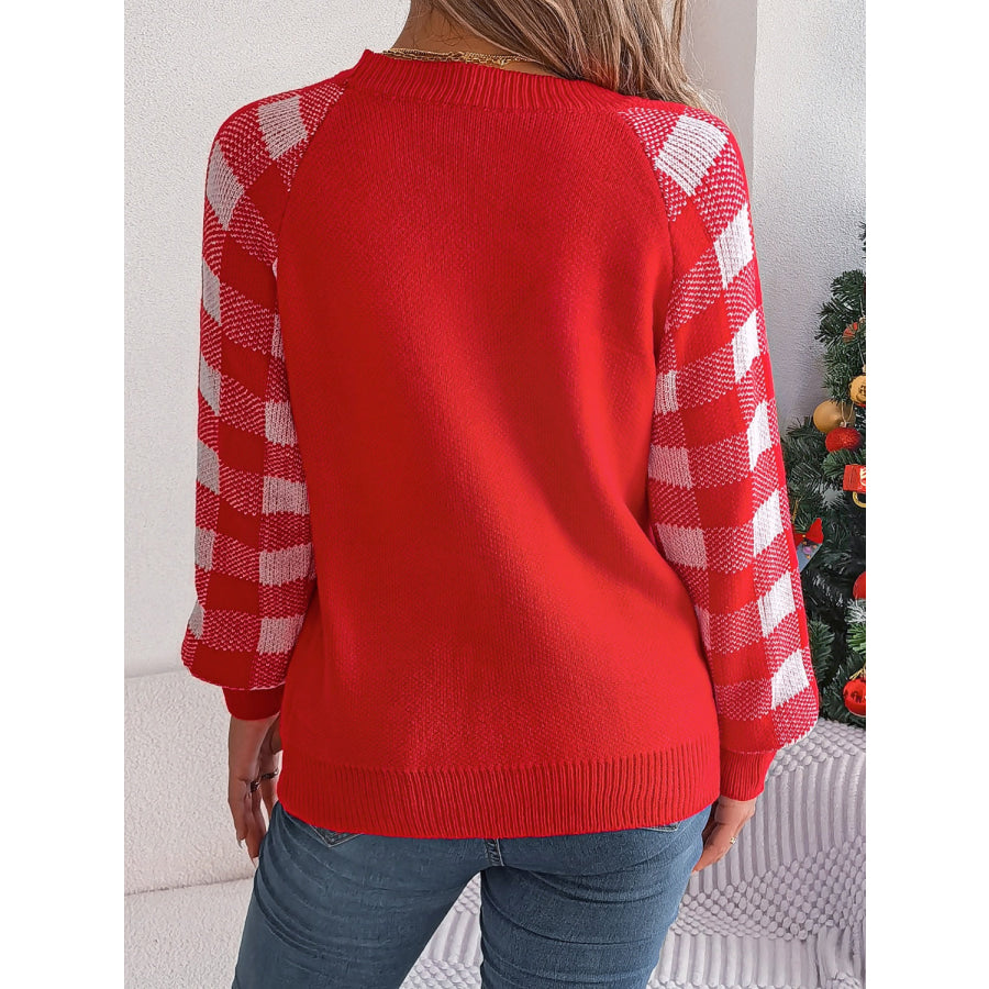 Reindeer Plaid Round Neck Long Sleeve Sweater Apparel and Accessories