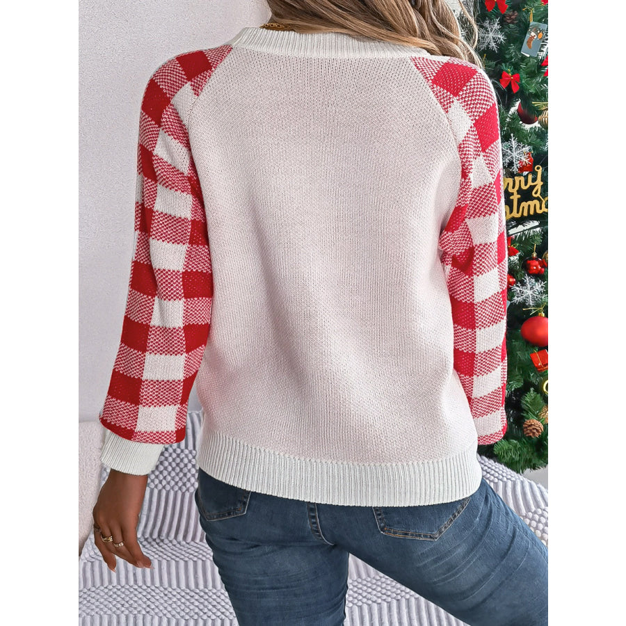 Reindeer Plaid Round Neck Long Sleeve Sweater Apparel and Accessories