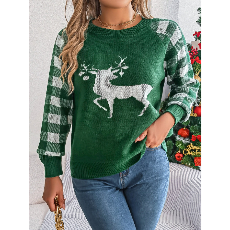 Reindeer Plaid Round Neck Long Sleeve Sweater Apparel and Accessories