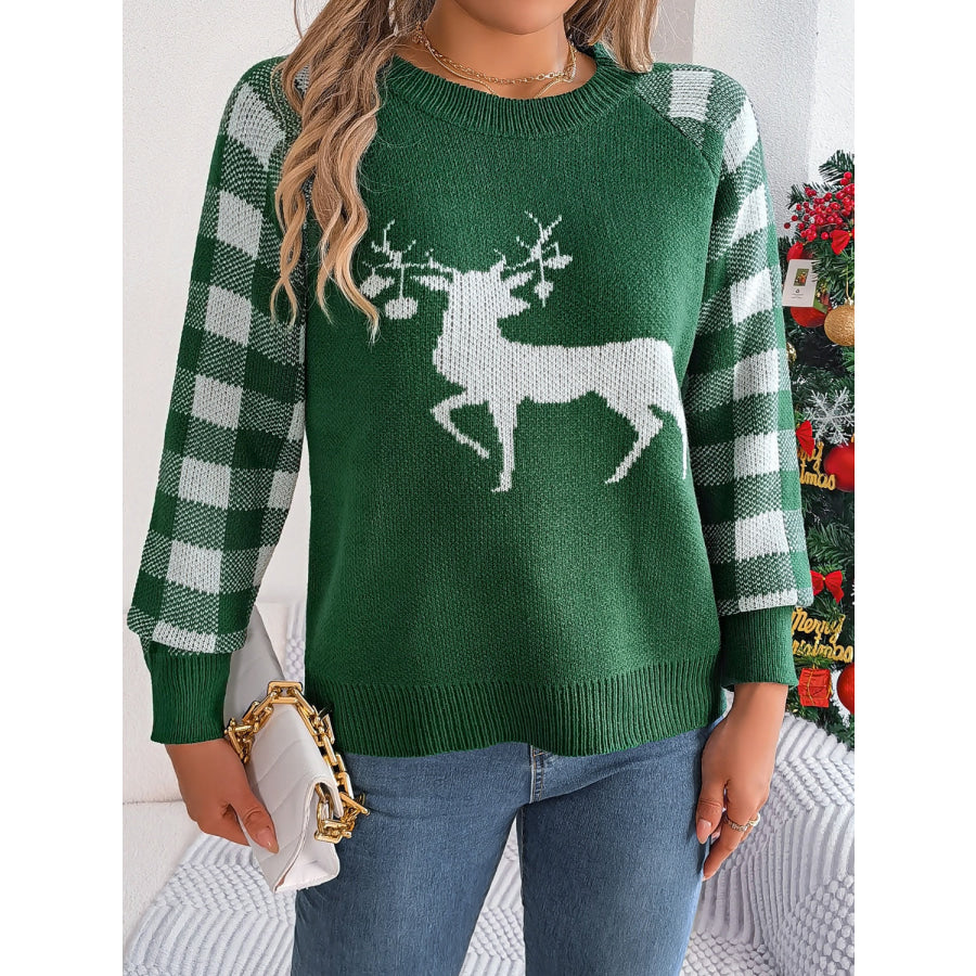 Reindeer Plaid Round Neck Long Sleeve Sweater Apparel and Accessories