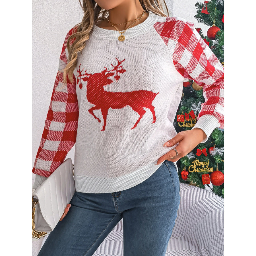 Reindeer Plaid Round Neck Long Sleeve Sweater Apparel and Accessories