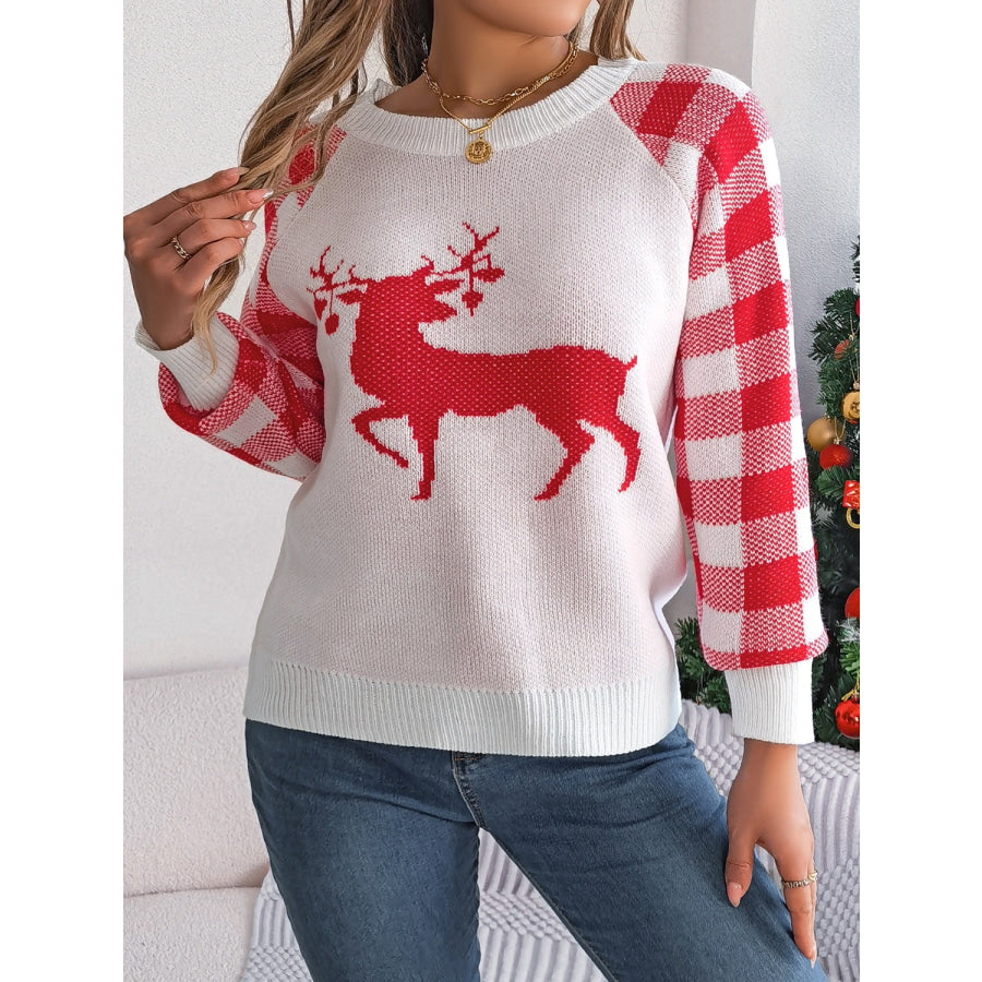 Reindeer Plaid Round Neck Long Sleeve Sweater Apparel and Accessories