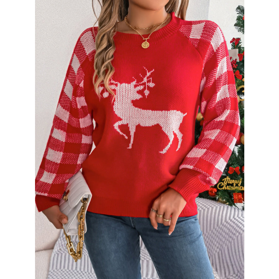 Reindeer Plaid Round Neck Long Sleeve Sweater Apparel and Accessories