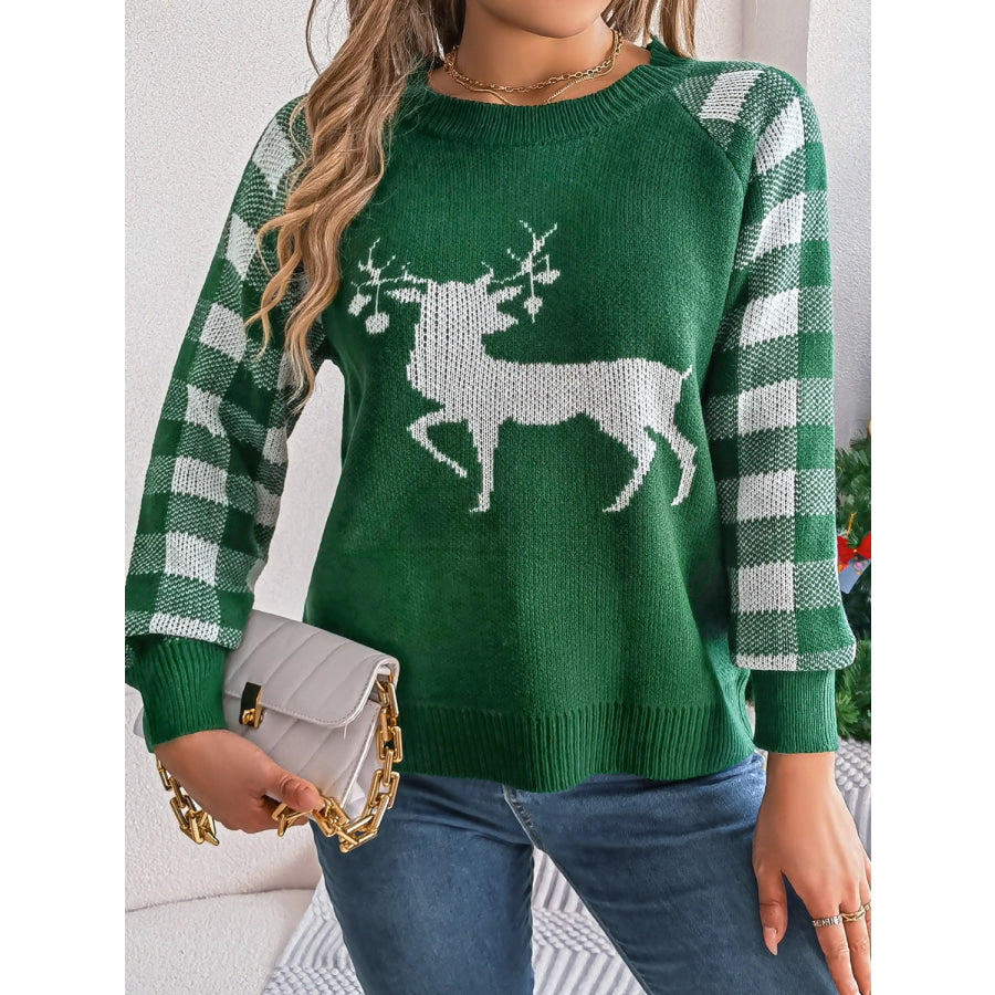 Reindeer Plaid Round Neck Long Sleeve Sweater Dark Green / S Apparel and Accessories