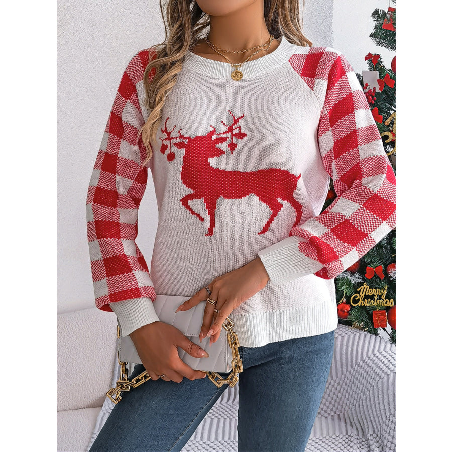 Reindeer Plaid Round Neck Long Sleeve Sweater White / S Apparel and Accessories