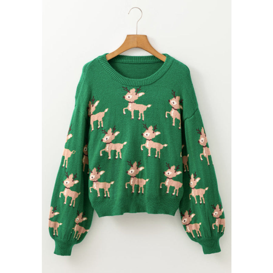 Reindeer Round Neck Drop Shoulder Sweater Apparel and Accessories