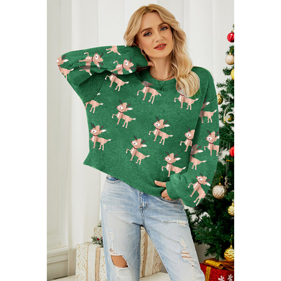 Reindeer Round Neck Drop Shoulder Sweater Apparel and Accessories