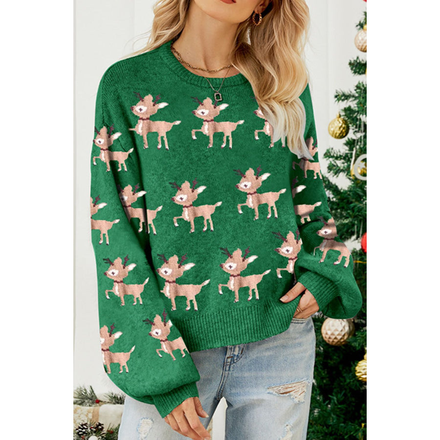 Reindeer Round Neck Drop Shoulder Sweater Green / S Apparel and Accessories