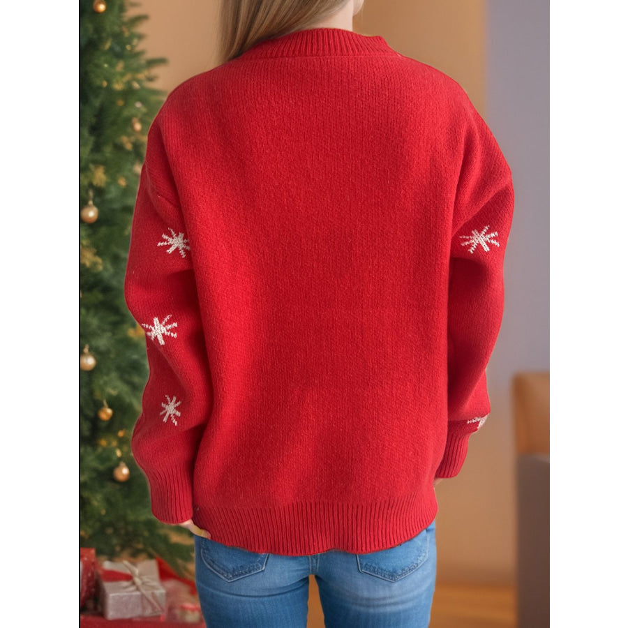 Reindeer Round Neck Dropped Shoulder Sweater Scarlet / One Size Apparel and Accessories