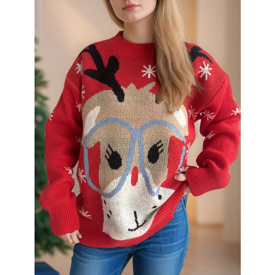 Reindeer Round Neck Dropped Shoulder Sweater Scarlet / One Size Apparel and Accessories