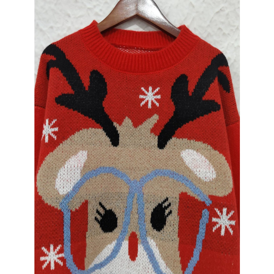 Reindeer Round Neck Dropped Shoulder Sweater Scarlet / One Size Apparel and Accessories