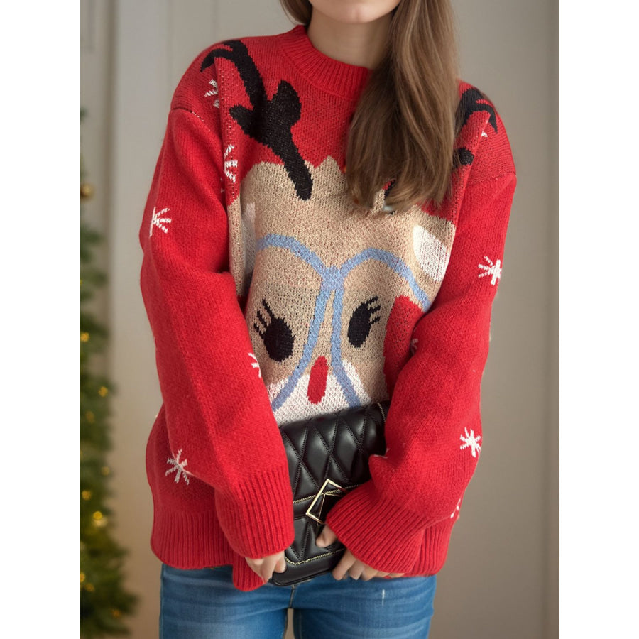 Reindeer Round Neck Dropped Shoulder Sweater Scarlet / One Size Apparel and Accessories