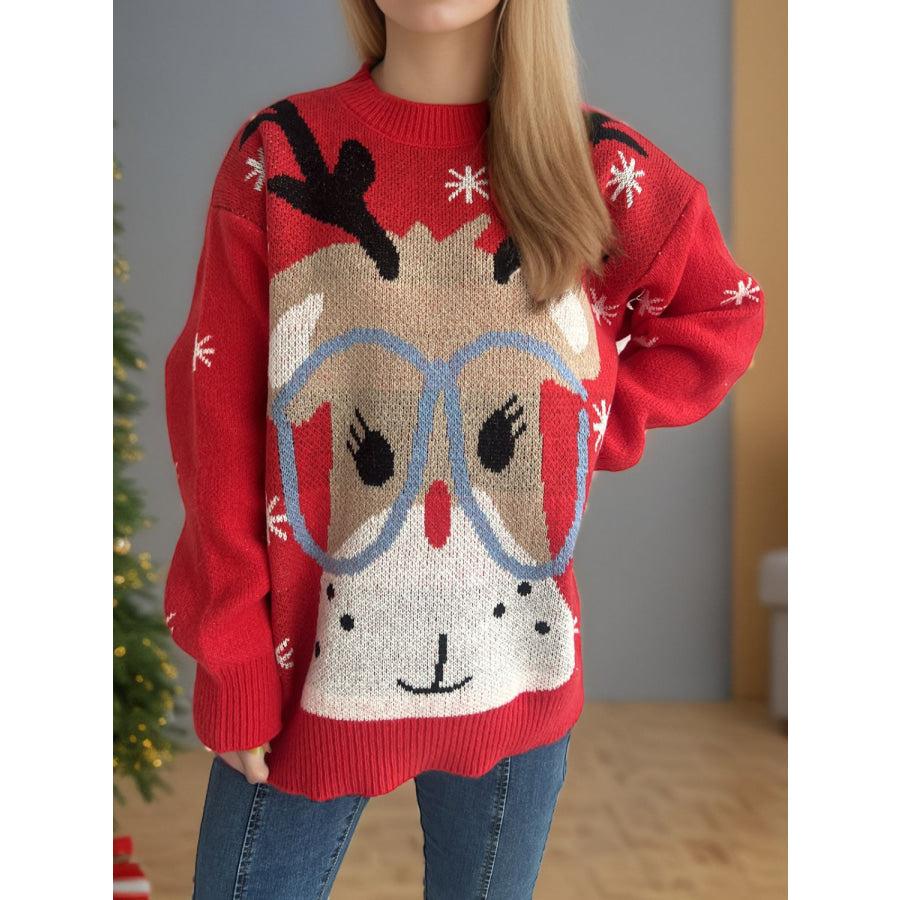 Reindeer Round Neck Dropped Shoulder Sweater Scarlet / One Size Apparel and Accessories