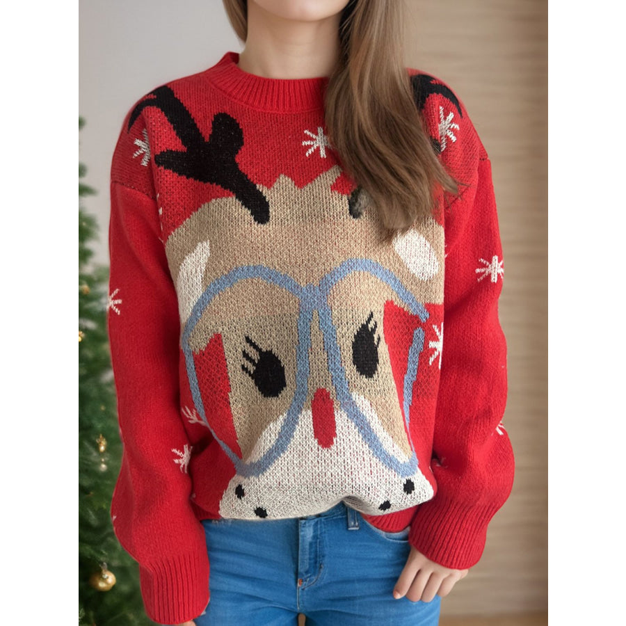 Reindeer Round Neck Dropped Shoulder Sweater Scarlet / One Size Apparel and Accessories