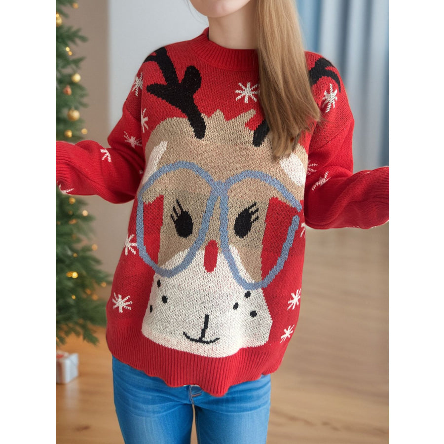 Reindeer Round Neck Dropped Shoulder Sweater Scarlet / One Size Apparel and Accessories